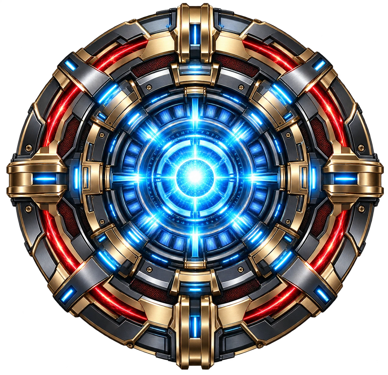 Futuristic arc reactor with a bright blue energy core, metallic graphite and gold rings, and restrained red accents